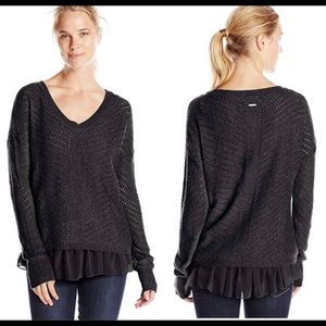 prAna Women's Ellery Lace Knit Marled Black Sweater with Yarn Ruffle Hem M.